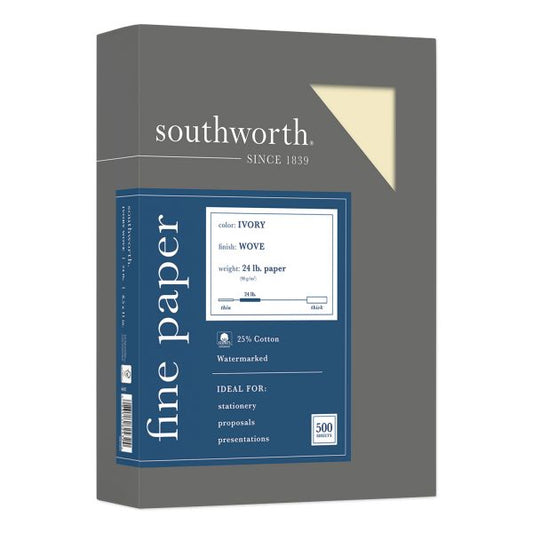 Southworth 25% Cotton Business Paper, 95 Bright, 24 lb Bond Weight, 8.5 x 11, Ivory, 500 Sheets/Ream