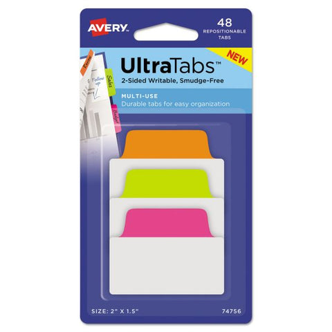 Avery Ultra Tabs Repositionable Tabs, Standard: 2" x 1.5", 1/5-Cut, Assorted Neon Colors, 48/Pack