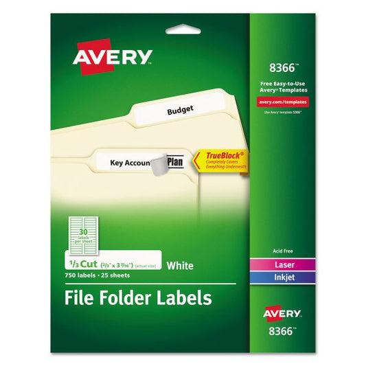 Avery Permanent TrueBlock File Folder Labels with Sure Feed Technology, 0.66 x 3.44, White, 30/Sheet, 25 Sheets/Pack