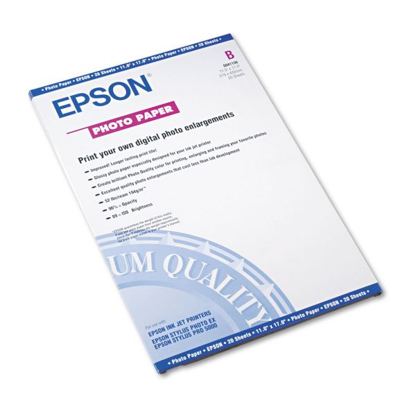 Epson Glossy Photo Paper, 9.4 mil, 11 x 17, Glossy White, 20/Pack