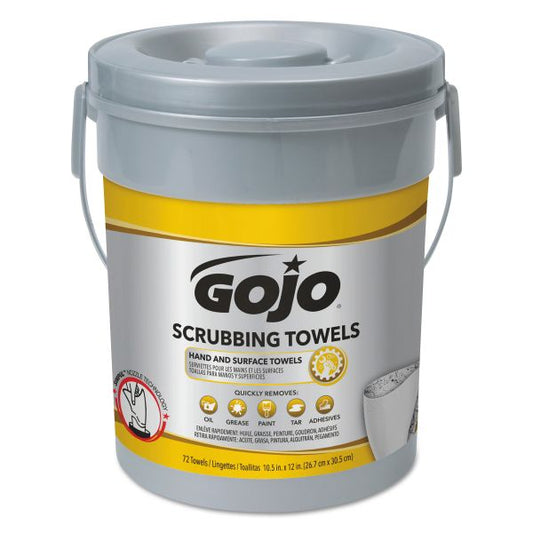 GOJO Scrubbing Towels, Hand Cleaning, 2-Ply, 10.5 x 12, Silver/Yellow, 72/Bucket, 6/Carton