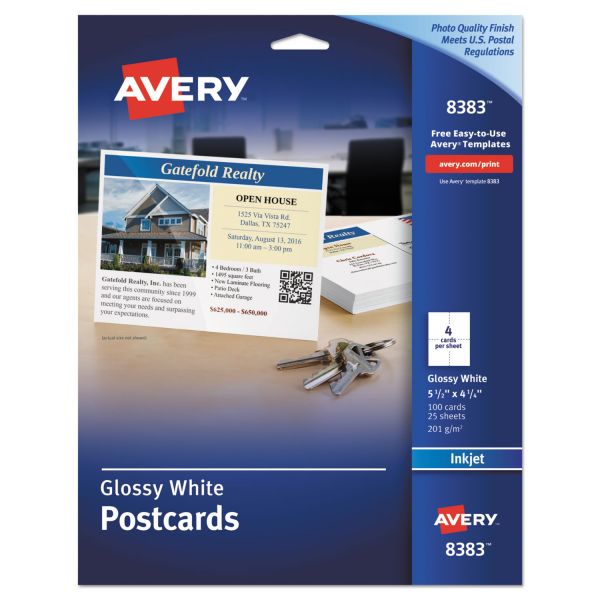 Avery Photo-Quality Printable Postcards, Inkjet, 74 lb, 4.25 x 5.5, Glossy White, 100 Cards, 4 Cards/Sheet, 25 Sheets/Pack