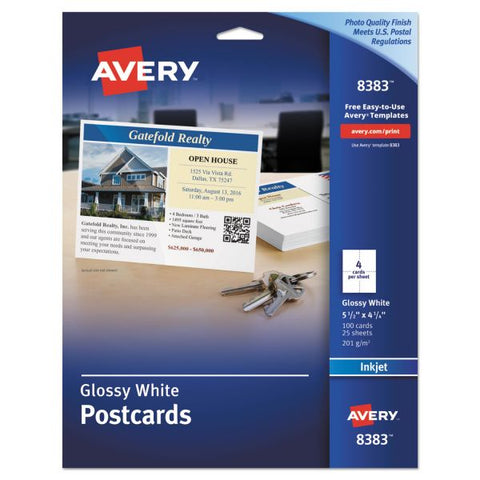 Avery Photo-Quality Printable Postcards, Inkjet, 74 lb, 4.25 x 5.5, Glossy White, 100 Cards, 4 Cards/Sheet, 25 Sheets/Pack