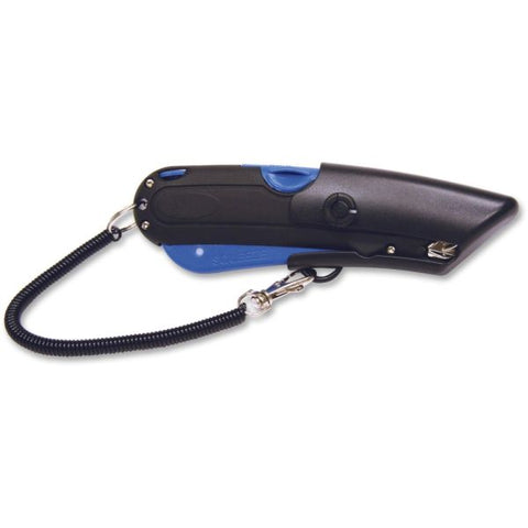 COSCO Easycut Self-Retracting Cutter with Safety-Tip Blade, Holster and Lanyard, 6" Plastic Handle, Black/Blue