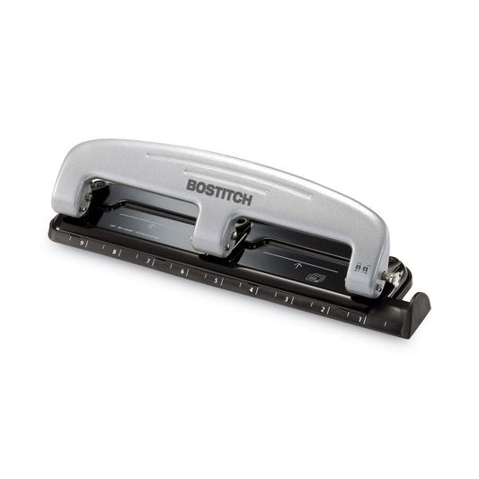 Bostitch 12-Sheet EZ Squeeze Three-Hole Punch, 9/32" Holes, Black/Silver