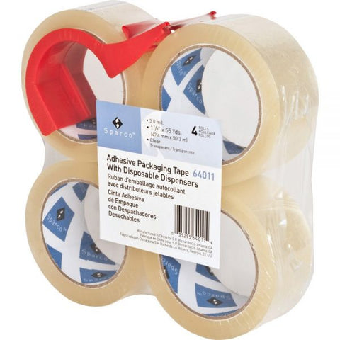 Sparco Heavy Duty 2" Packing Tape with Dispenser 2" x 55 yds - 3" Core - 3.0 mil Thickness - Clear - 4/ Pack - Includes Dispenser