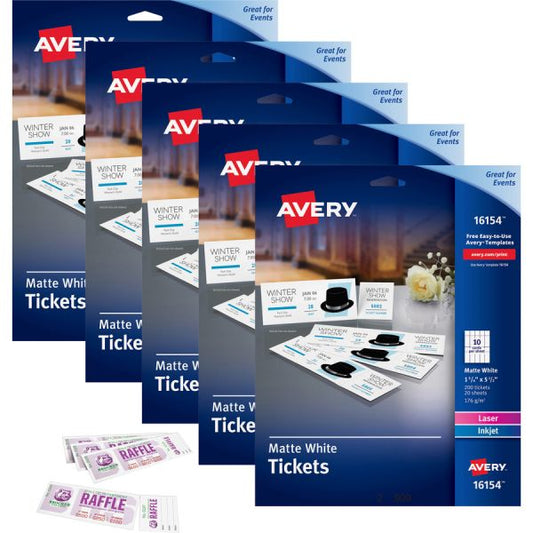 Avery Perforated Raffle Tickets with Tear-Away Stubs - 2-Sided Printing 1 3/4" x 5 1/2" Length - Laser, Inkjet - Matte White - 20 / Sheet - 1000 / Carton