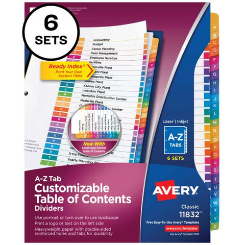 Avery Ready Index Dividers, A-Z Tab & Customizable Table of Contents, 8-1/2" x 11", Multicolor, Pack Of 6 Sets