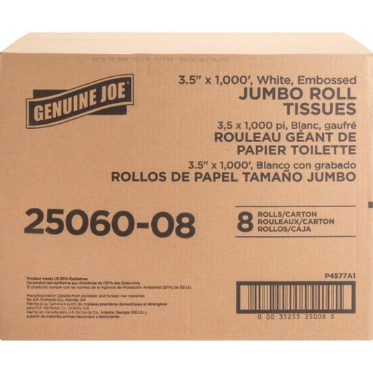 Genuine Joe Embossed Jumbo Toilet Paper Rolls 2 Ply - 9" Diameter - 1,000 ft/ Roll - 8 Rolls/ Carton