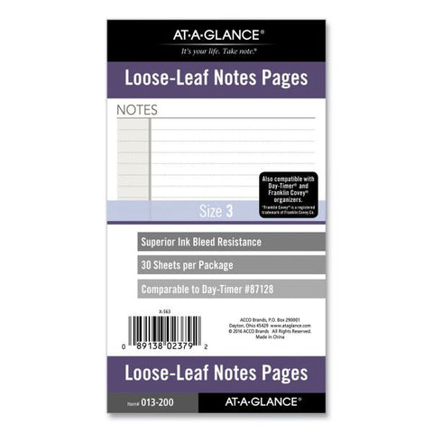 AT-A-GLANCE Lined Notes Pages for Planners/Organizers, 6.75 x 3.75, White Sheets, Undated, Undated Calendar