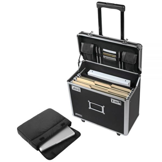 Vaultz Locking Mobile Rolling Business Case, Fits Devices Up to 16", Aluminum/Chrome/Fiberboard, 10 x 16 x 15, Black