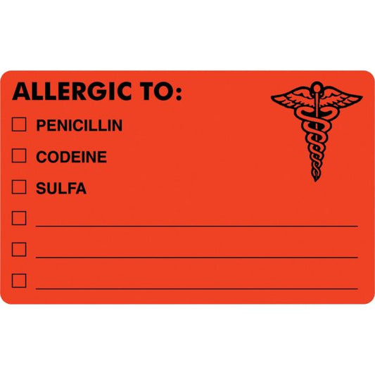 Tabbies Allergy Warning Labels, ALLERGIC TO: PENICILLN, CODEINE, SULFA, 2.5 x 4, Fluorescent Red, 100/Roll