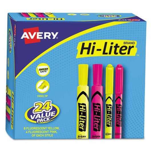 Avery HI-LITER Highlighter Value Pack, Desk/Pen Style Combo, Assorted Ink Colors, Chisel/Bullet Tips, Assorted Barrel Colors, 24/PK