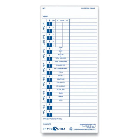 Pyramid Technologies Time Card for Models 3500 and 3700, Weekly, 4 x 9, 100/Pack Time clock cards for models 3500, 3700.