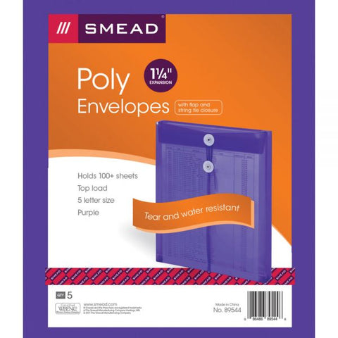 Smead Poly String and Button Interoffice Envelopes, Open-End (Vertical), 9.75 x 11.63, Transparent Purple, 5/Pack