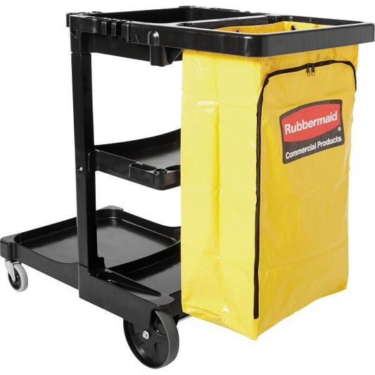 Rubbermaid Commercial Janitor Cart With Zipper Yellow Vinyl Bag 21.75" x 46" x 38.38" - 3 Shelves - 25 Gallon Capacity Bag - Black