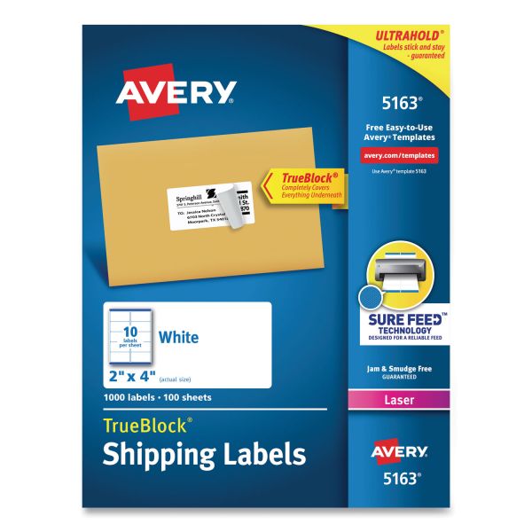 Products Avery Shipping Labels w/ TrueBlock Technology, Laser Printers, 2 x 4, White, 10/Sheet, 100 Sheets/Box