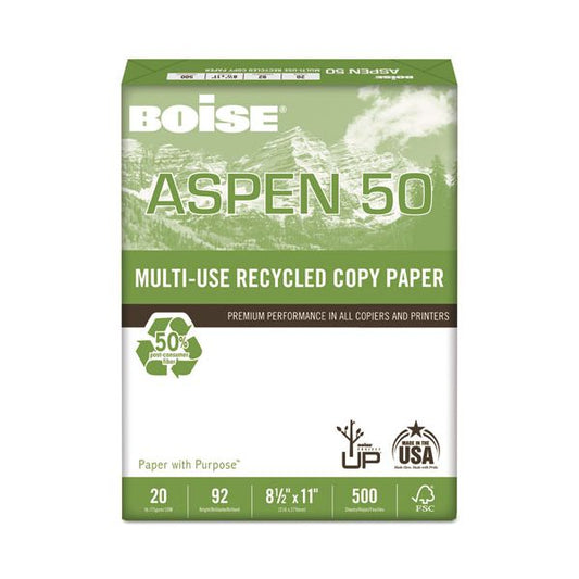 Boise ASPEN 50% Multi-Use Recycled Paper, 92 Brightness, 20 lb, 8 1/2 x 11, White, 5000 Sheets/Carton