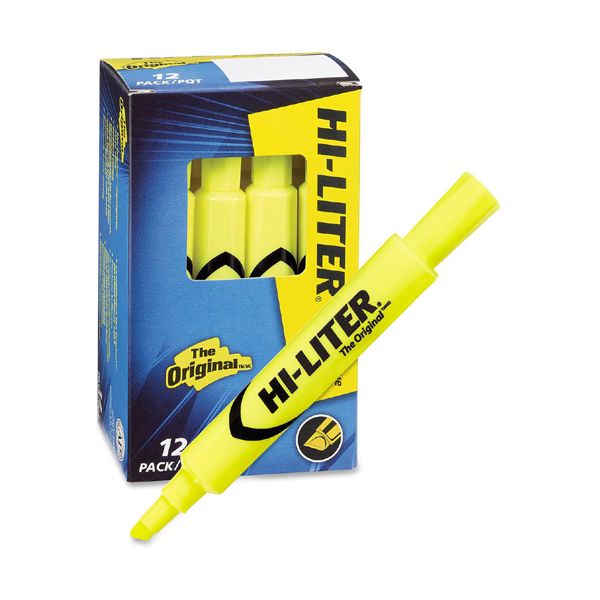 Avery HI-LITER Desk-Style Highlighters, Fluorescent Yellow Ink, Chisel Tip, Yellow/Black Barrel, Dozen