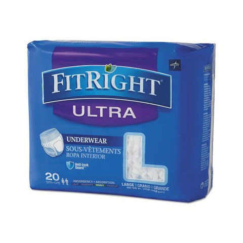 Medline FitRight Ultra Protective Underwear, Large, 40" to 56" Waist, 20/Pack