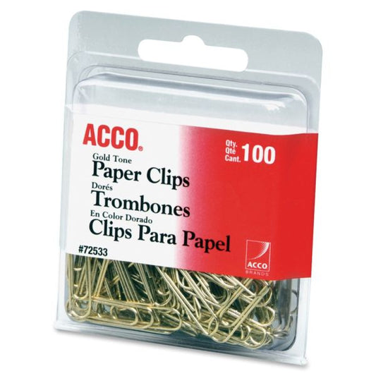 ACCO Gold Tone Paper Clips No. 2 - 1.4" Length x 0.5" Width - 10 Sheet Capacity - for Office, Home, School, Document, Paper - Sturdy, Flex Resistant, Bend Resistant - 400 / Pack - Gold