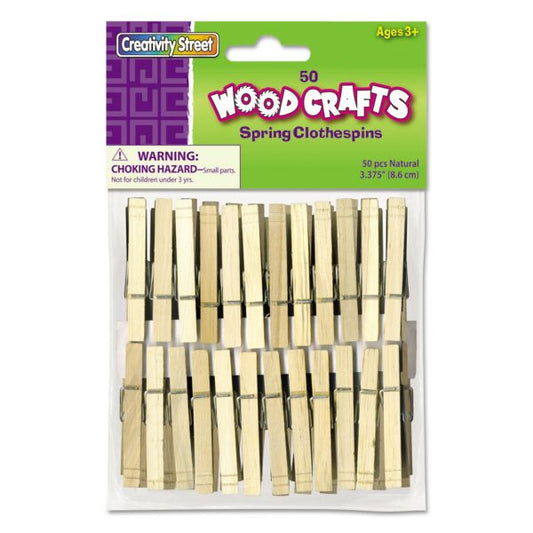 Creativity Street Wood Spring Clothespins, 3.38" Length, Natural, 50/Pack