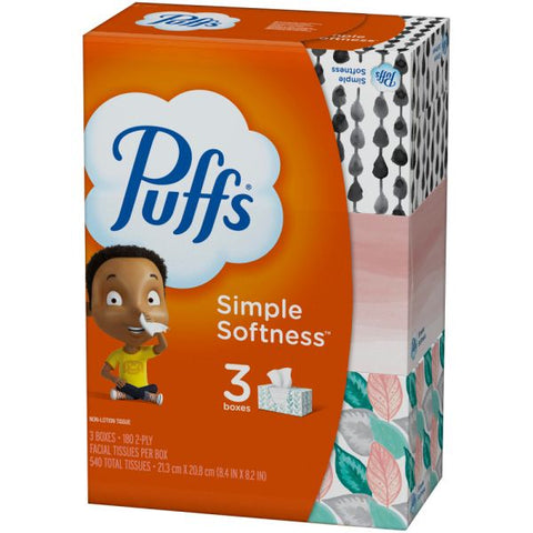 Puffs White Facial Tissue, 2-Ply, White, 180 Sheets/Box, 3 Boxes/Pack, 8 Packs/Carton