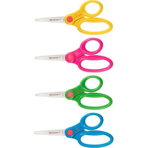 Westcott Kids' Scissors with Antimicrobial Protection, Pointed Tip, 5" Long, 2" Cut Length, Randomly Assorted Straight Handles