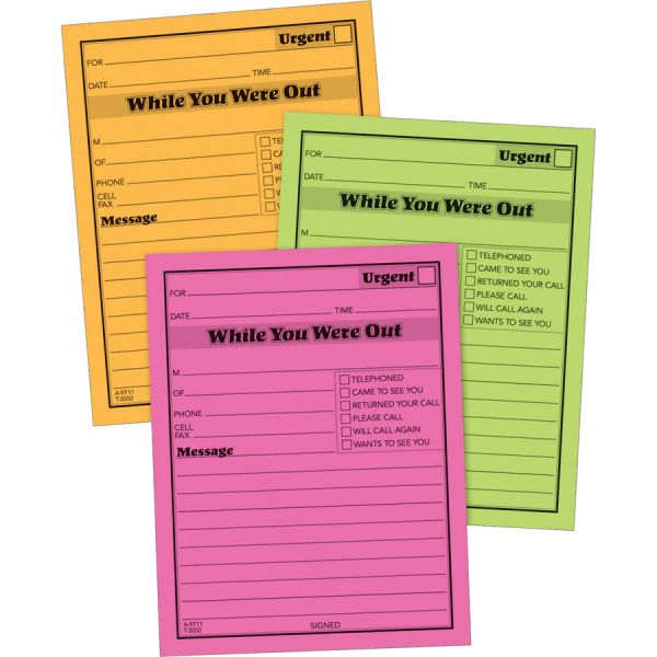 Adams Neon While You Were Out Message Pads 50 Sheet(s) - Gummed - 4" x 5" Sheet Size - Assorted - Assorted Sheet(s) - 6 / Pack