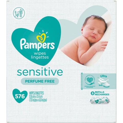 Pampers Baby Wipes Sensitive 7" x 6.80" - Clear - Cotton - Hypoallergenic, pH Balanced, Strong, Textured, Phenoxyethanol-free, Paraben-free, Alcohol-free, Unscented - For Skin - 72 Per Pouch - 8 / Carton