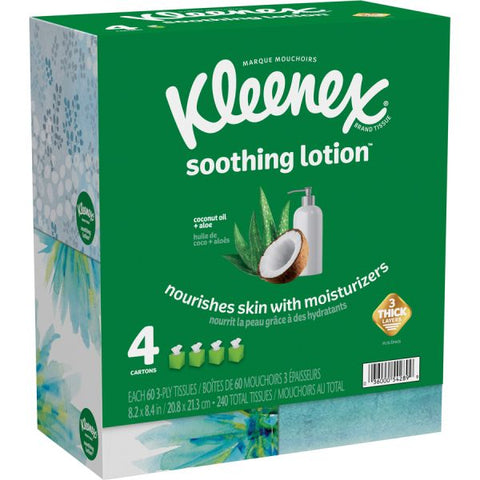 Kleenex Soothing Lotion Tissues 3 Ply - White - Moisturizing, Soft - For Face, Home, Office, Business, Skin - 60 Per Box - 4 / Pack