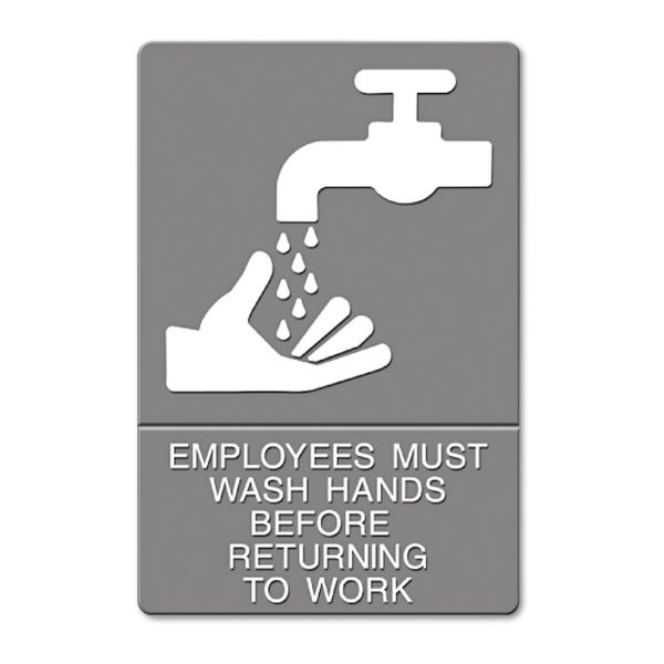 Headline Sign ADA Sign, EMPLOYEES MUST WASH HANDS... Tactile Symbol/Braille, 6 x 9, Gray