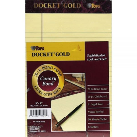 TOPS Docket Gold Premium Writing Pads, 5" x 8", Jr. Legal Rule, Canary, 50 Sheets Per Pad, Pack Of 6 Pads