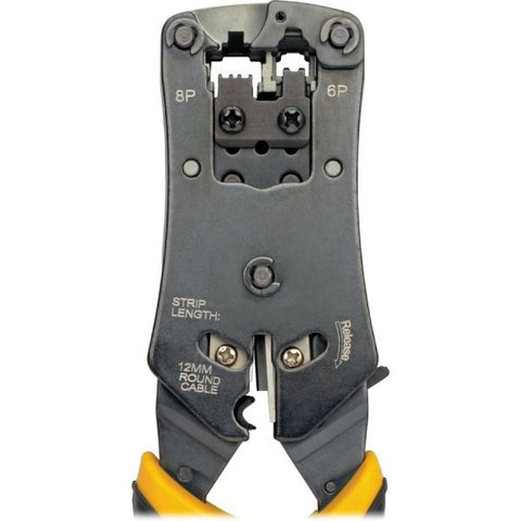 Tripp Lite RJ11/RJ12/RJ45 Wire Crimper with Built-in Cable Tester Black, Yellow - Ergonomic Design, Non-slip Handle, LED Light, Secure Grip