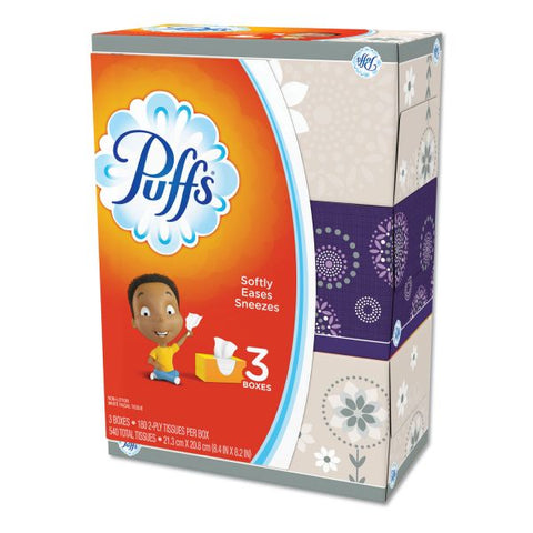 Puffs White Facial Tissue, 2-Ply, White, 180 Sheets/Box, 3 Boxes/Pack, 8 Packs/Carton