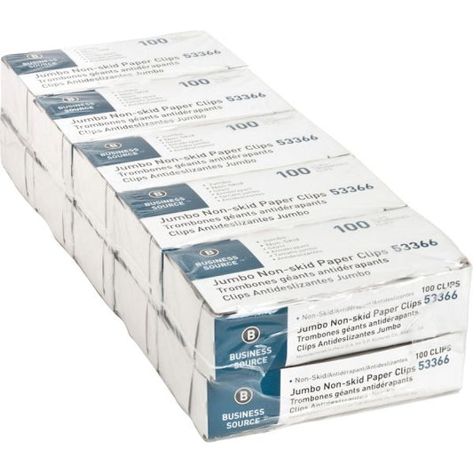 Business Source Jumbo Nonskid Paper Clips Jumbo - Nonskid Finish - 100/ Box - 10 Boxes/ Pack - Silver