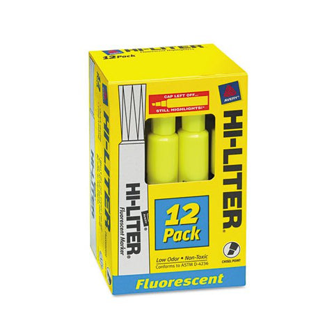 Avery HI-LITER Desk-Style Highlighters, Fluorescent Yellow Ink, Chisel Tip, Yellow/Black Barrel, Dozen