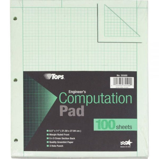 TOPS Engineering Computation Pads, Cross-Section Quadrille Rule (5 sq/in, 1 sq/in), Green Cover, 100 Green-Tint 8.5 x 11 Sheets