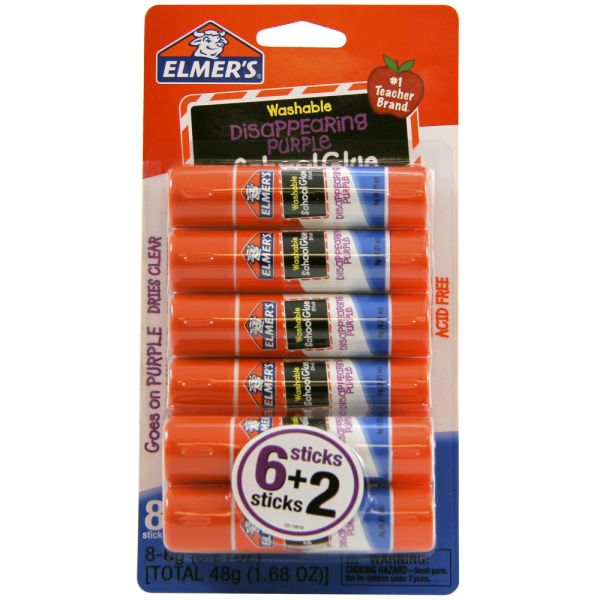 Elmer's Washable Disappearing Purple School Glue Sticks, 0.21 Oz., Pack Of 6 + 2 Bonus Sticks