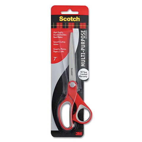 Scotch Multi-Purpose Scissors, Pointed Tip, 7" Long, 3.38" Cut Length, Gray/Red Straight Handle