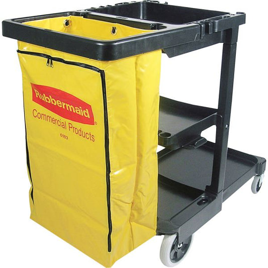 Rubbermaid Commercial Janitor Cart With Zipper Yellow Vinyl Bag 21.75" x 46" x 38.38" - 3 Shelves - 25 Gallon Capacity Bag - Black