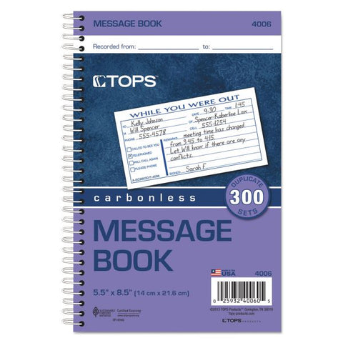 TOPS Spiralbound Message Book, Two-Part Carbonless, 5 x 2.83, 3 Forms/Sheet, 300 Forms Total