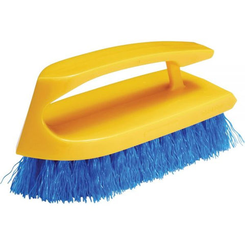 Rubbermaid Commercial Iron-Shaped Handle Scrub Brush, Blue Polypropylene Bristles, 6" Brush, 6" Yellow Plastic Handle