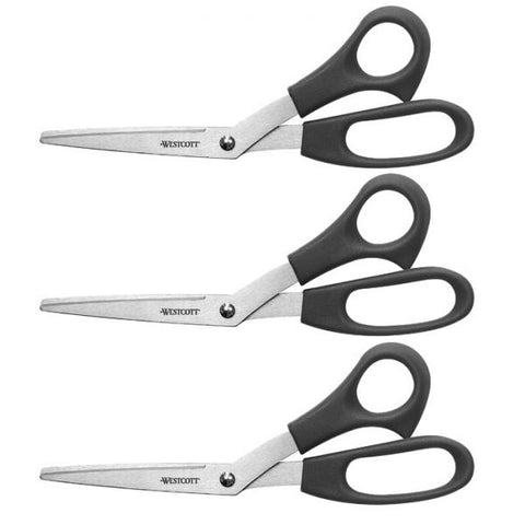 Westcott Value Line Stainless Steel Shears, 8" Long, 3.5" Cut Length, Black Offset Handles, 3/Pack