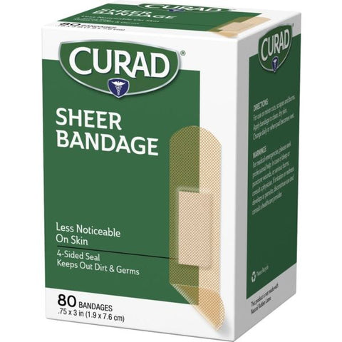 Curad Sheer Bandage Strips 0.75" x 3" - 80/Box - Sheer, Clear - Fabric