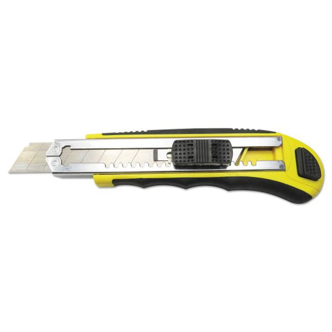 Boardwalk Rubber-Gripped Retractable Snap Blade Knife, 4" Blade, 5.5" Plastic/Rubber Handle, Black/Yellow