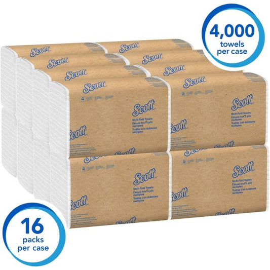 Scott Multi-Fold Paper Towels, 8 x 9 2/5, 1-Ply, White, 250 Sheets/Pack, 16 Packs/Carton