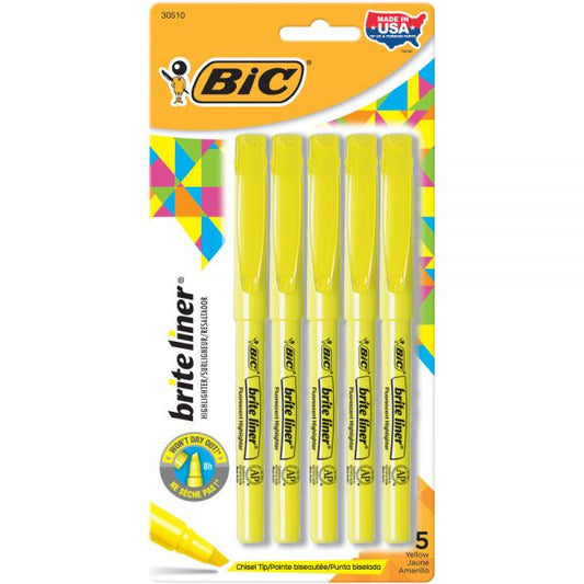 BIC Brite Liner Highlighters, Chisel Point, Yellow, Pack Of 5 Highlighters