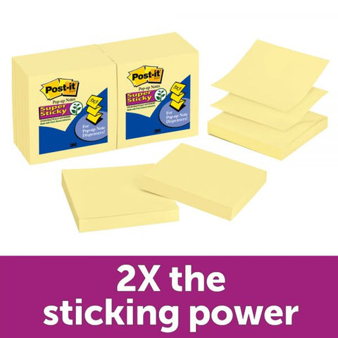 Post-it Dispenser Notes Super Sticky Pop-up 3 x 3 Note Refill, 3" x 3", Canary Yellow, 90 Sheets/Pad, 12 Pads/Pack