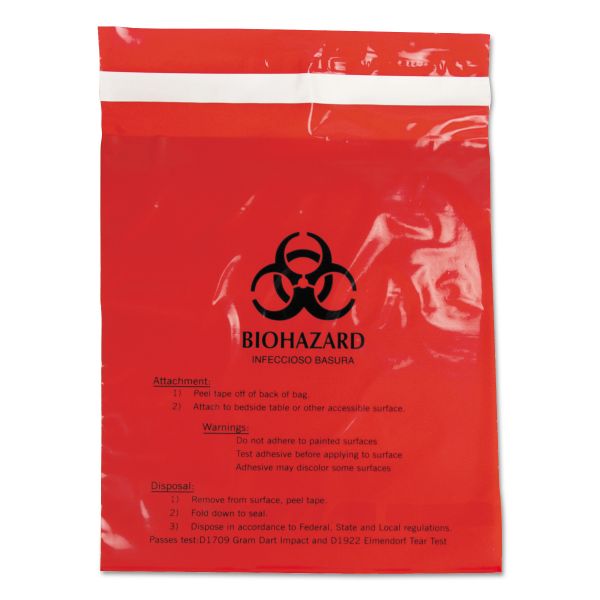 CareTek Stick-On Biohazard Waste Bags, 1.4 qt, 2 mil, 9" x 10", Red, 100/Box